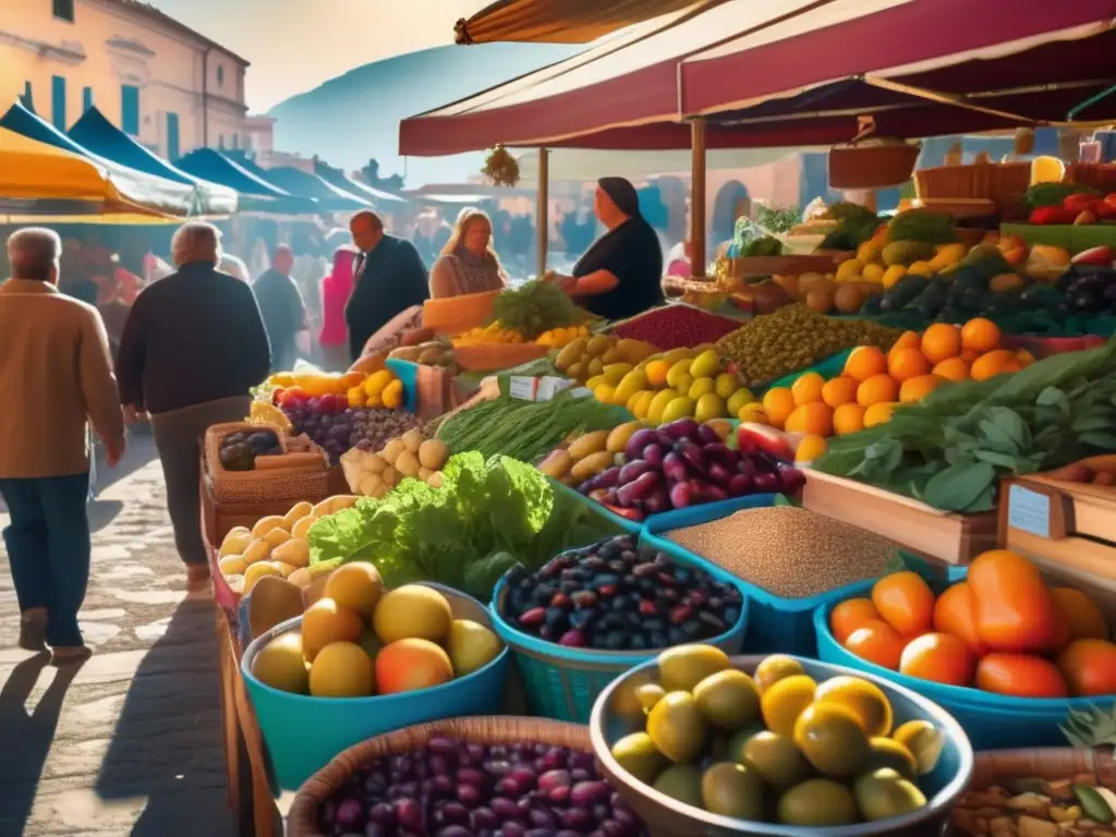 Un mercado mediterráneo vibrante y colorido, rebosante de frutas, verduras, aceitunas y frutos secos. La luz del sol realza la belleza natural de los productos, transmitiendo una sensación de sostenibilidad y salud de la dieta mediterránea en un entorno moderno y atractivo.