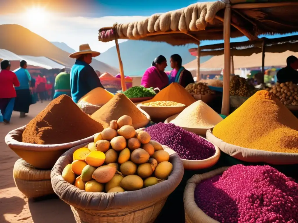 Un mercado peruano bullicioso con raíces de maca en primer plano. <b>Colores vibrantes y significado cultural.</b> <b>Beneficios de la maca peruana.