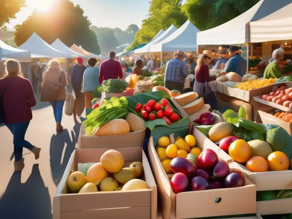 Un mercado vibrante y bullicioso con productos frescos y locales. <b>Personas disfrutan la atmósfera comunitaria.</b> <b>Alternativas sostenibles comida rápida.