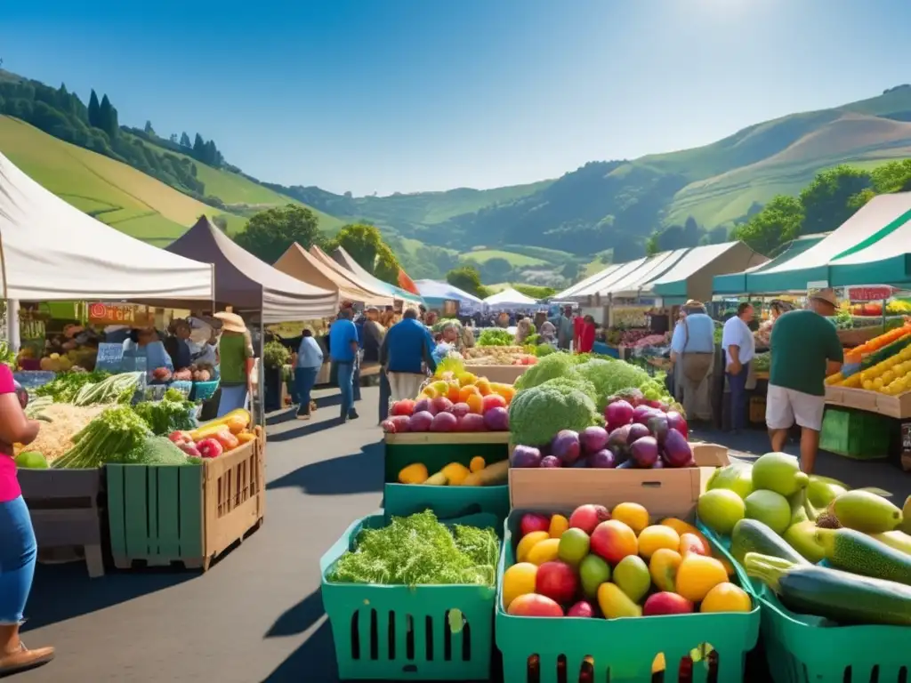 Un mercado agrícola vibrante y bullicioso con productos locales sostenibles. <b>Impacto alimentación sostenible en planeta.