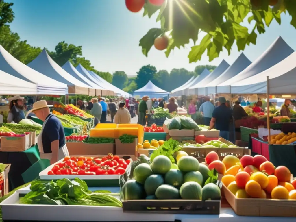 Un mercado agrícola vibrante y bullicioso con una variedad de productos frescos y coloridos. Los compradores exploran las frutas, verduras y hierbas, mientras un vendedor ayuda a un cliente a elegir los tomates maduros. La luz del sol destaca la calidad natural y orgánica de los alimentos. En el fondo