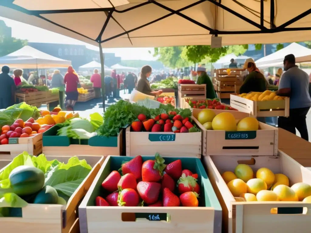 Un mercado agrícola vibrante y colorido con frutas y verduras frescas, promoviendo beneficios de alimentos locales de temporada.