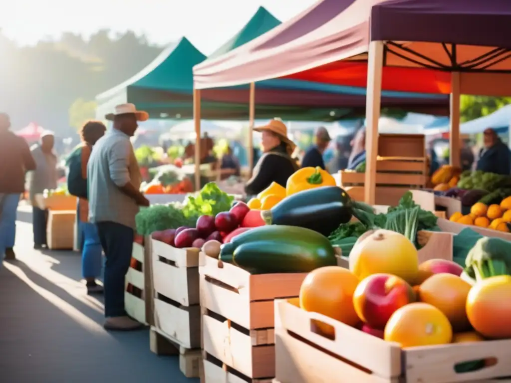 Un mercado vibrante con frutas y verduras frescas, colores brillantes y productores locales. <b>Alimentos kilómetro cero beneficios comunidad.