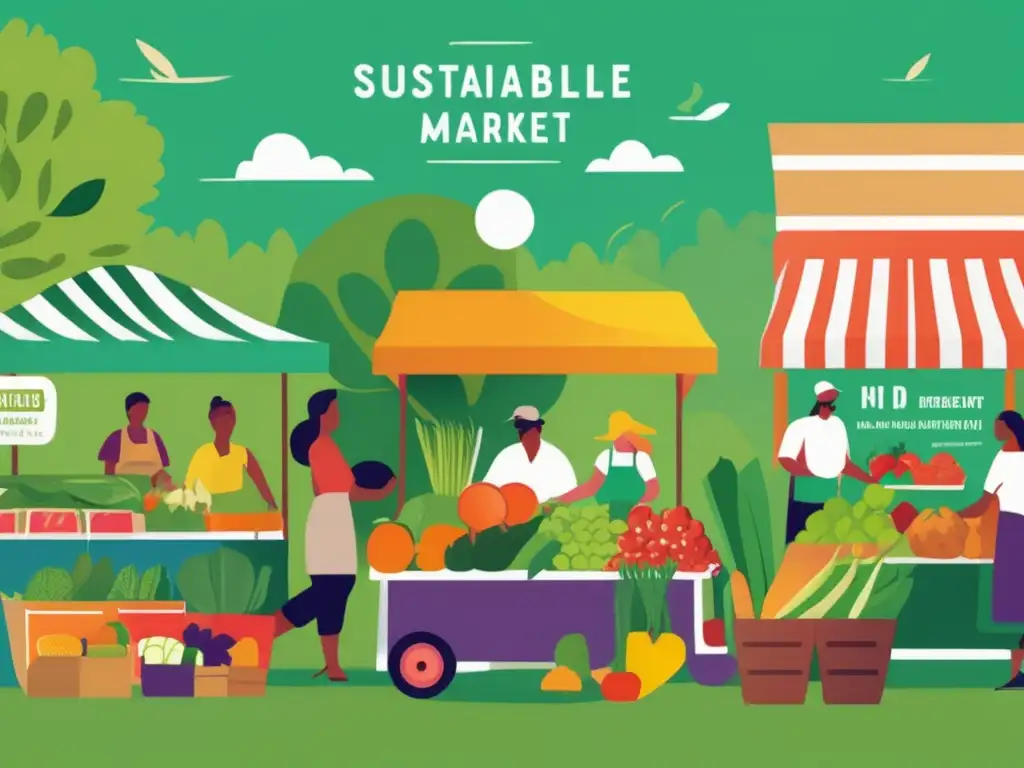 Un mercado agrícola vibrante y moderno, lleno de productos frescos y coloridos, donde la comunidad practica el veganismo y la sostenibilidad ética.