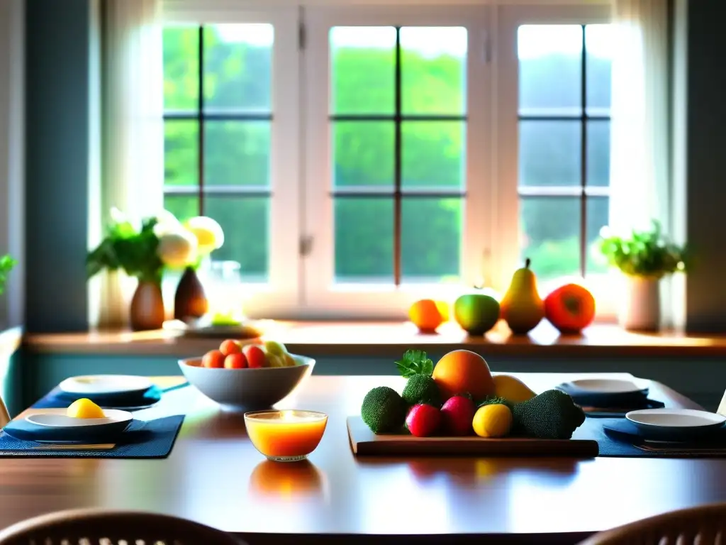 Una mesa de cocina moderna, con una variedad de frutas, verduras y granos enteros, iluminada por luz natural. <b>La escena irradia una atmósfera de alimentación consciente y Mindfulness para comer emocional.