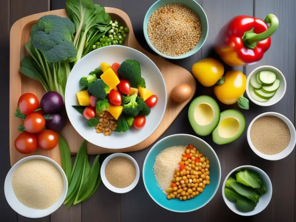 Una mesa de comida equilibrada y saludable con ingredientes frescos y coloridos iluminados por la luz natural. <b>Transmite bienestar y abundancia nutricional.</b> <b>Palabra clave: Verdad sobre los alimentos quemagrasa.