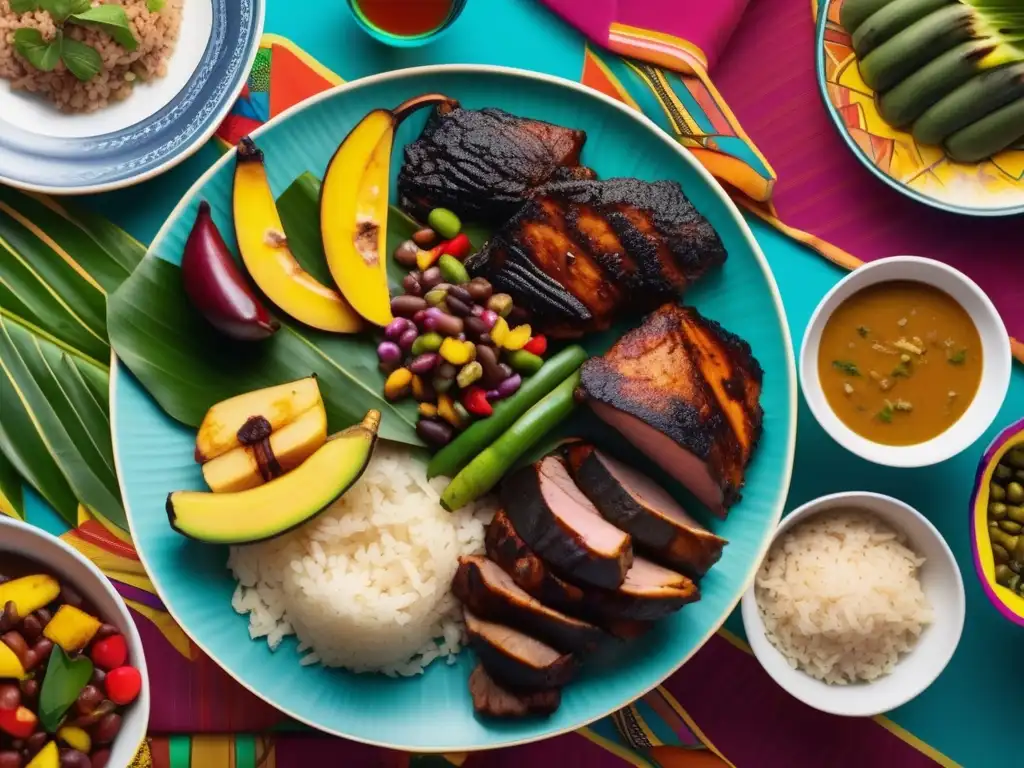 Una mesa bellamente decorada con un festín tradicional africano-caribeño. <b>Platos coloridos y frutas tropicales crean una escena visualmente impresionante y apetitosa.</b> <b>Influencia africana en cocina caribeña.