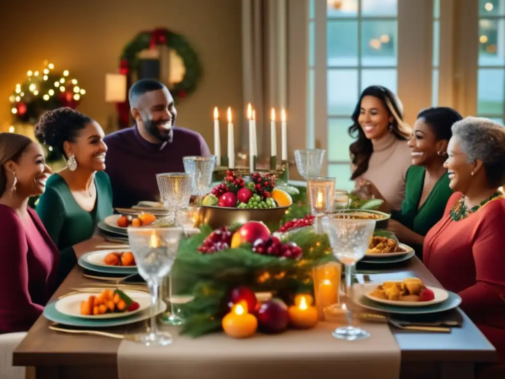 Una mesa elegante para fiestas con amigos y familiares sonrientes disfrutando de una comida equilibrada y saludable, capturando la esencia del manejo de trastornos alimentarios en fiestas.