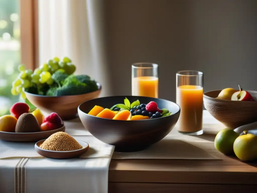 Una mesa elegante de madera con mantel blanco, repleta de frutas, verduras y granos enteros. <b>Luz natural ilumina la escena, creando un ambiente sereno para disfrutar de una comida saludable y consciente.</b> <b>Mindfulness en la alimentación saludable.