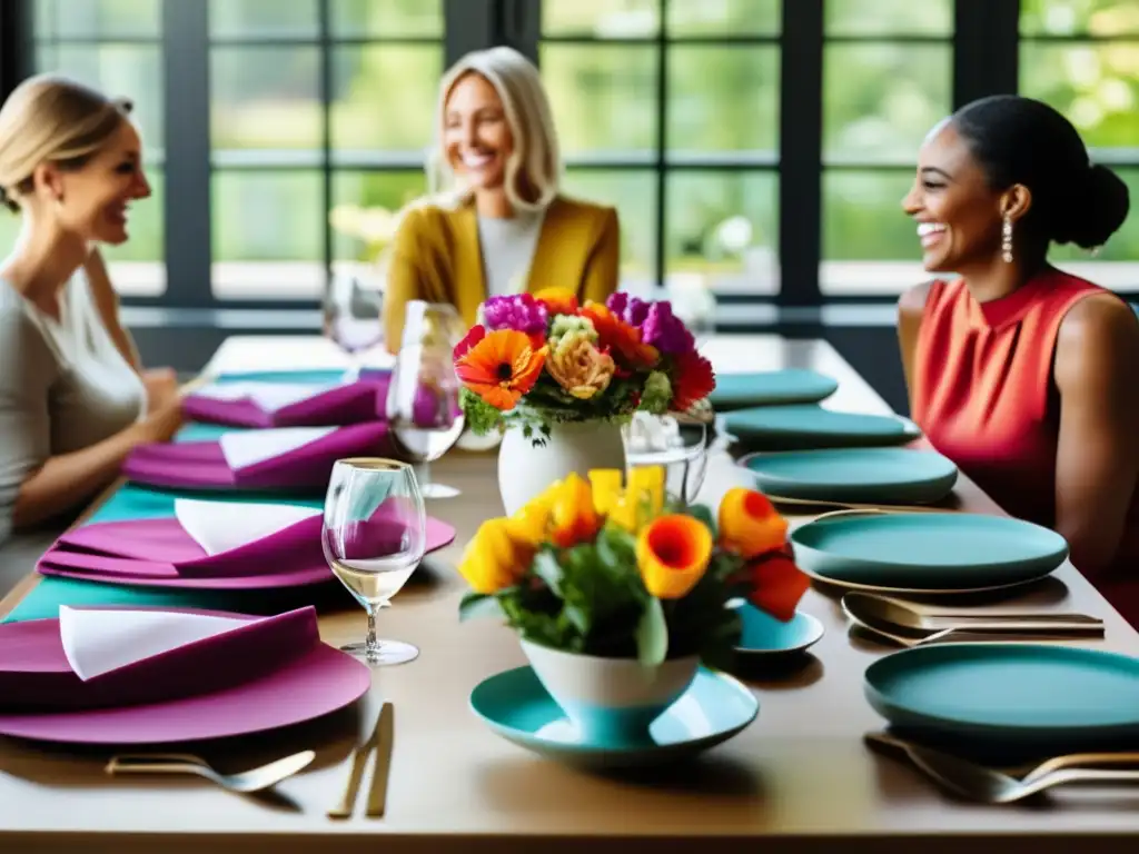Una mesa elegante con vajilla moderna y platos coloridos, rodeada de personas diversas en animada conversación. Flores frescas y servilletas artísticamente dobladas adornan la mesa, en un ambiente contemporáneo que irradia calidez y la importancia de la comensalidad cultural.
