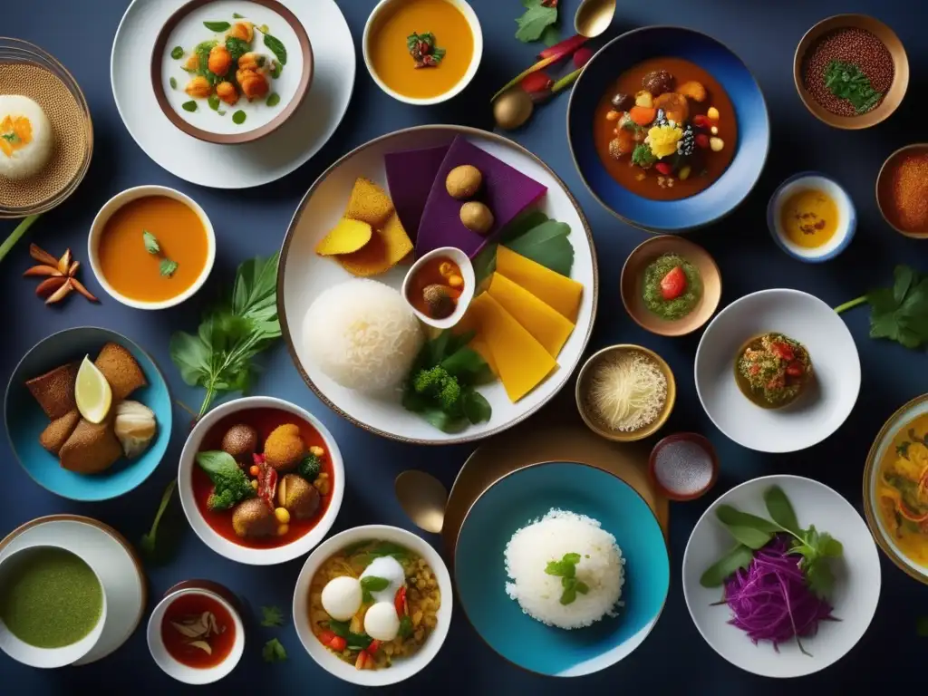 Una mesa elegante muestra una variedad de platos tradicionales de todo el mundo, invitando a explorar las restricciones alimenticias culturales.