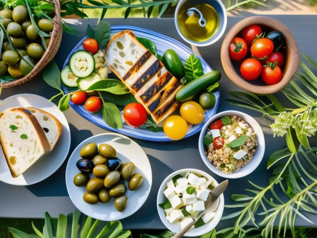 Una mesa mediterránea llena de coloridos y frescos alimentos rodeada de naturaleza y bañada por la luz del sol. <b>Dieta mediterránea para principiantes.