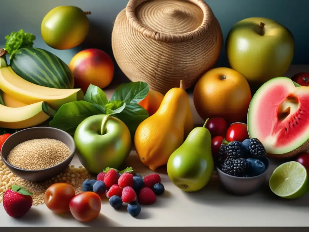 Una mesa llena de frutas, verduras y granos enteros, bañada por la luz natural. <b>Alimentación saludable con mindfulness.