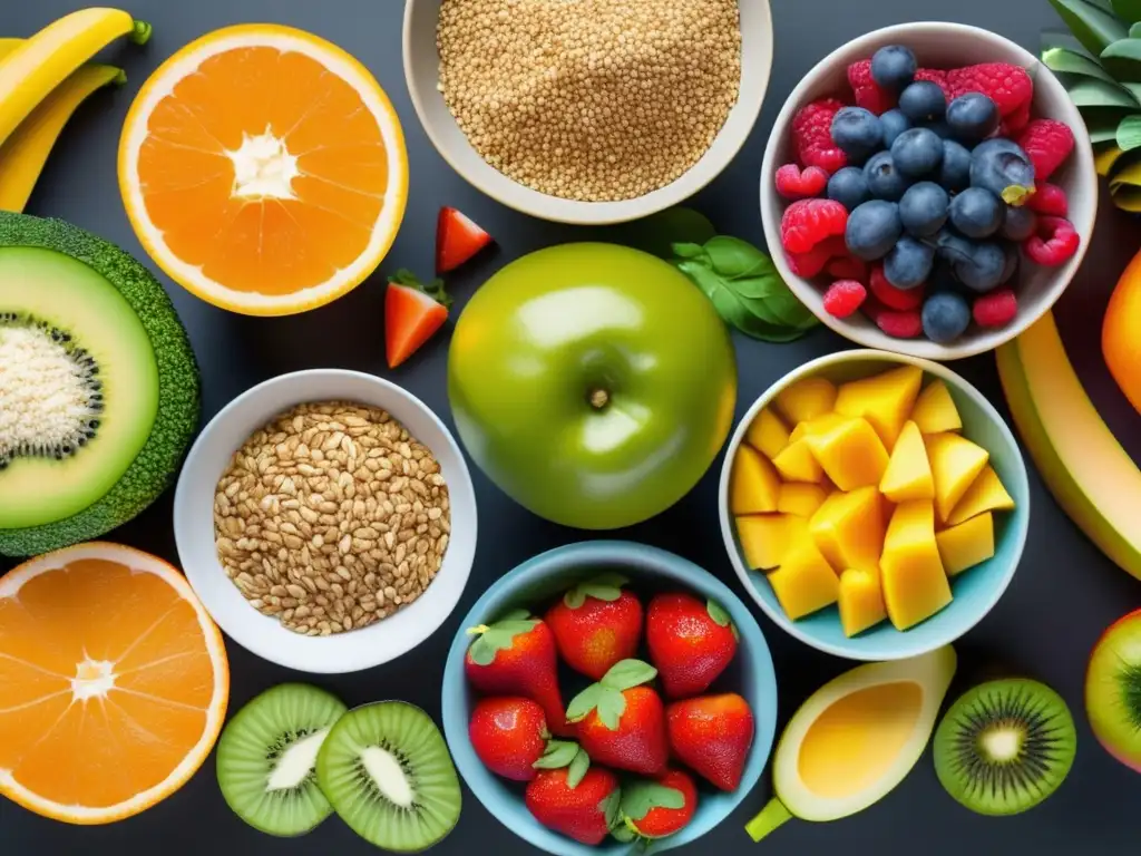 Una mesa llena de frutas, verduras, cereales integrales y proteínas magras, generando una exhibición atractiva de alimentación saludable que previene úlceras gástricas.