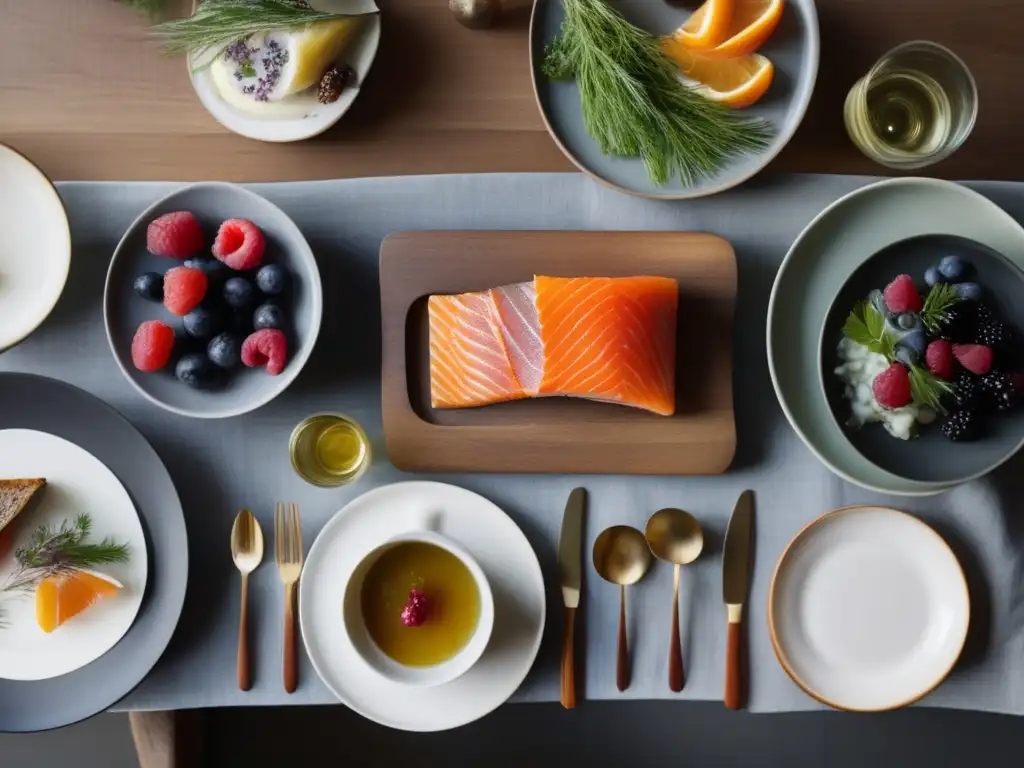 Una mesa de madera con platos nórdicos saludables, bañada en luz natural. <b>Recetas saludables dieta nórdica.