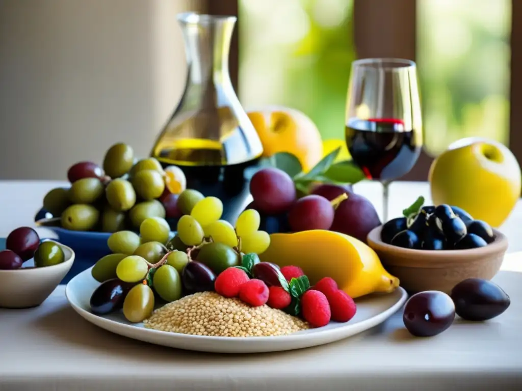 Una mesa mediterránea colorida y fresca con amigos y familia, creando un ambiente cálido y acogedor. <b>'Actividad física y dieta mediterránea'.