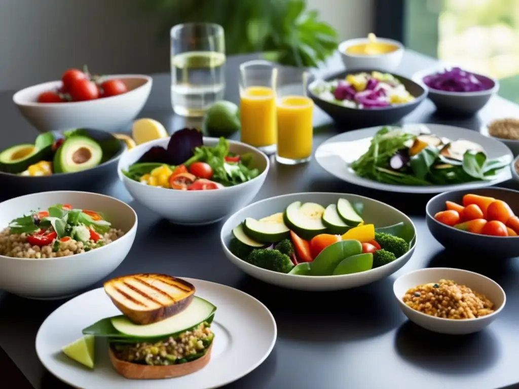 Una mesa moderna llena de deliciosos y coloridos platos familiares saludables, destacando la planificación de menús saludables familiares.
