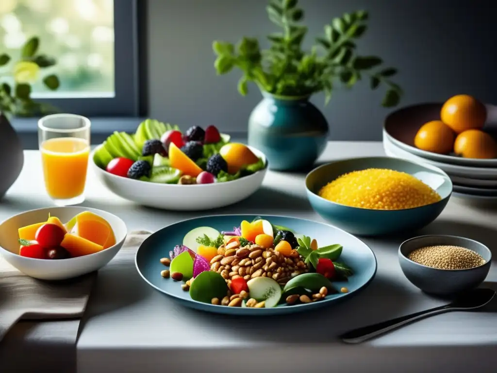 Una mesa elegantemente preparada con una variedad de alimentos coloridos y frescos, evocando técnicas para comer con atención plena.