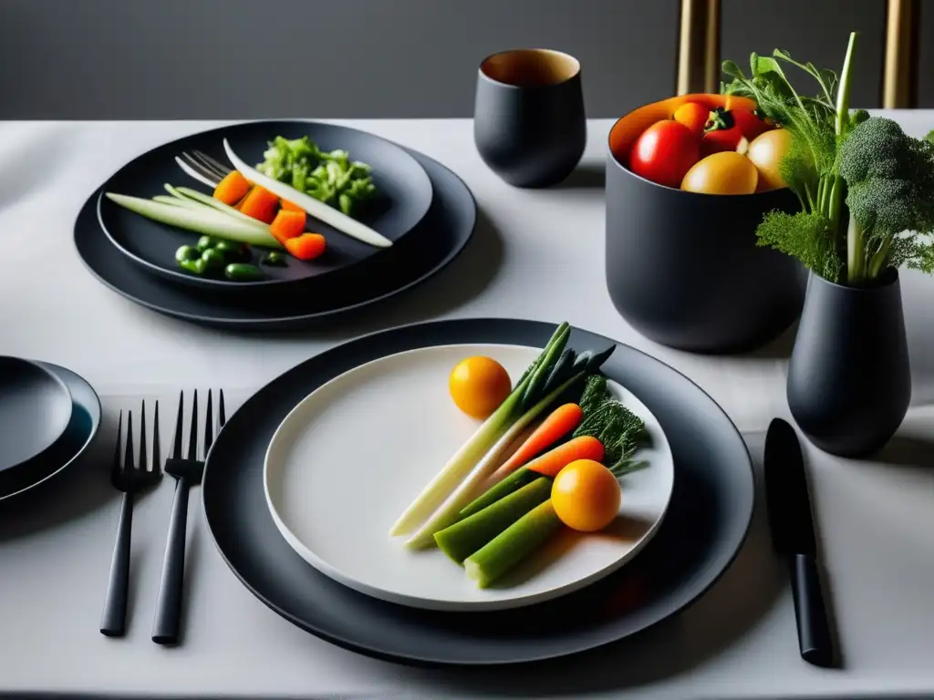 Una mesa elegantemente puesta con vajilla moderna en negro mate y opciones saludables para cenas ligeras, bañada por luz natural.