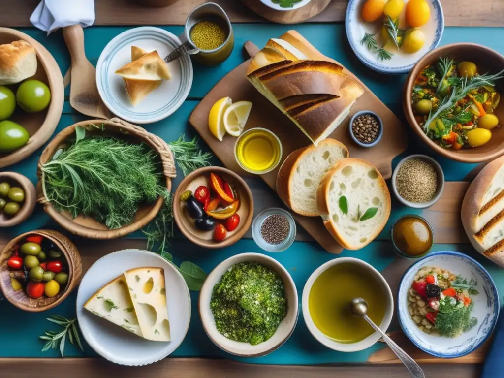 Una mesa rústica de madera con platos de cocina mediterránea recetas saludables, bañada por la luz del sol, creando una atmósfera cálida y acogedora.