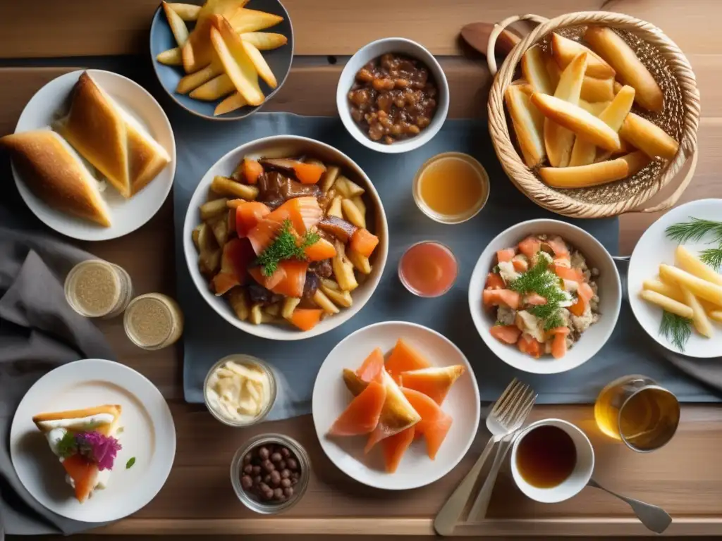 Una mesa rústica de madera con una variedad de delicias canadienses saludables, como poutine, salmón ahumado, pasteles de jarabe de arce y tourtière. La atmósfera cálida y acogedora resalta los colores vibrantes de los platillos, capturando la