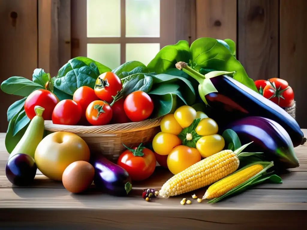 Una mesa rústica rebosante de frutas y verduras frescas, bañadas por la luz natural. <b>Dieta orgánica y sostenibilidad global.