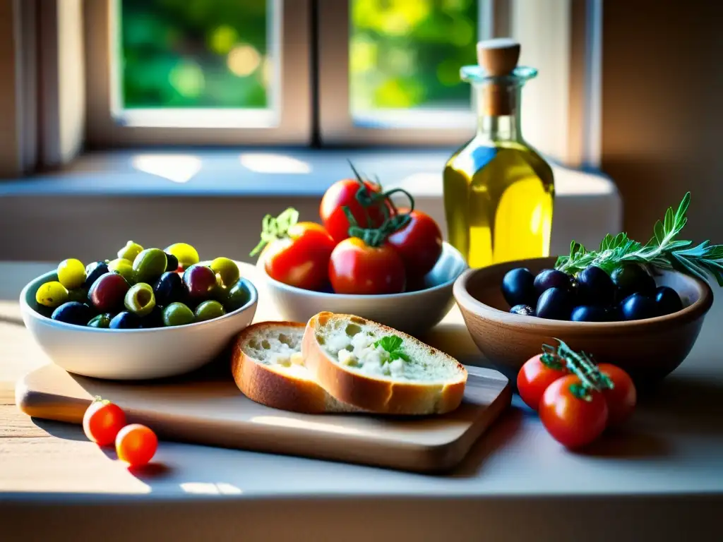 Una mesa rústica con una variedad de alimentos mediterráneos vibrantes y coloridos bañados por la cálida luz del sol, capturando el efecto antiinflamatorio de la dieta mediterránea.