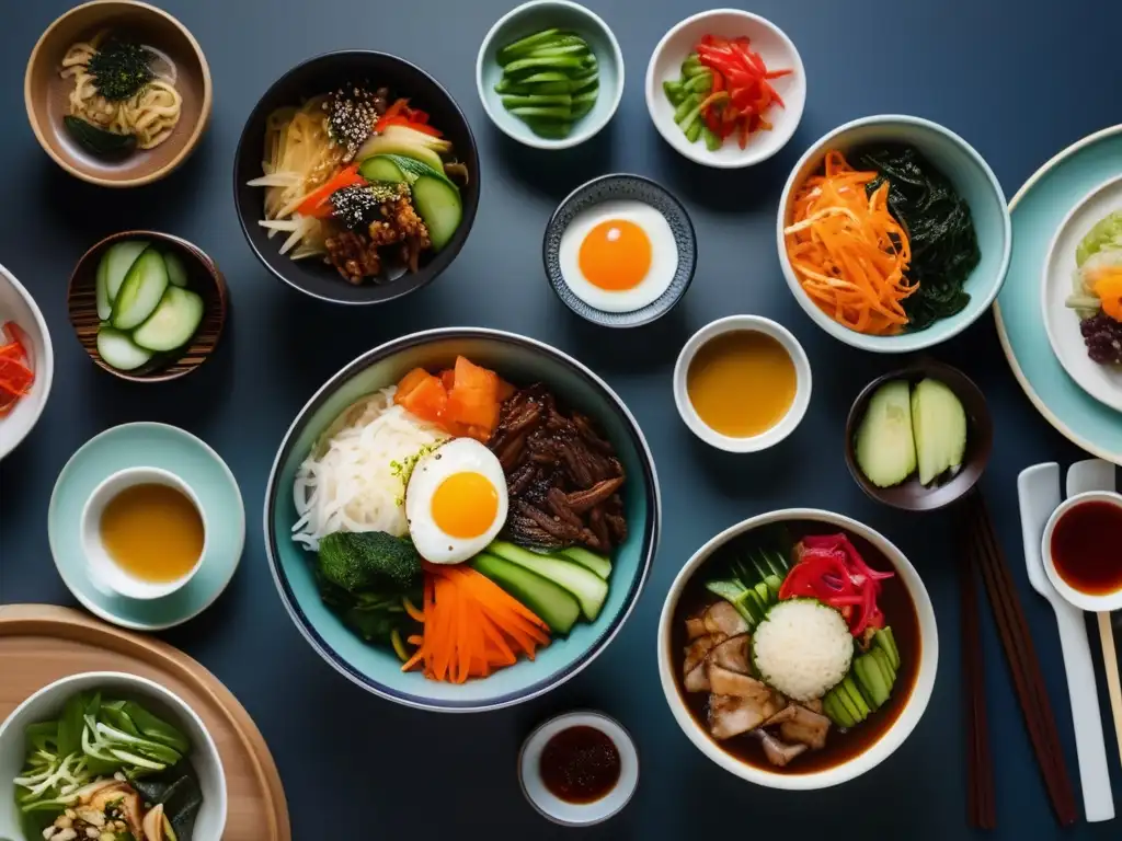 Una mesa tradicional coreana con bibimbap, kimchi y banchan en vajilla moderna, iluminada suavemente. <b>Cocina coreana saludable.