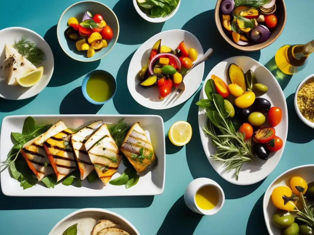 Una mesa vibrante con platos coloridos de cocina mediterránea recetas saludables, bañada en luz natural y ambiente acogedor.