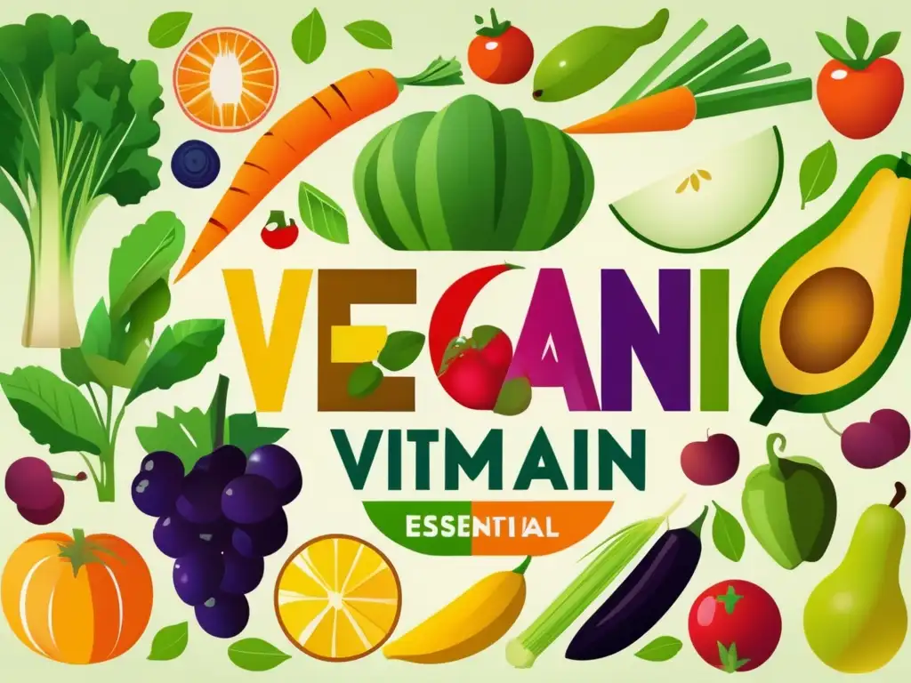Un ilustración moderna y vibrante de frutas y verduras, cada una etiquetada con su vitamina o mineral. <b>Muestra la variedad y abundancia de nutrientes en la dieta vegana.</b> La imagen es detallada y educativa, perfecta para el artículo sobre la 'Importancia de vitaminas en alimentación vegana'.