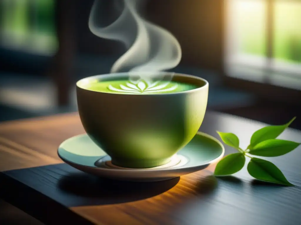 Un momento de calma con el impulso antioxidante del té Matcha: una taza blanca llena de té verde vibrante, rodeada de hojas frescas.