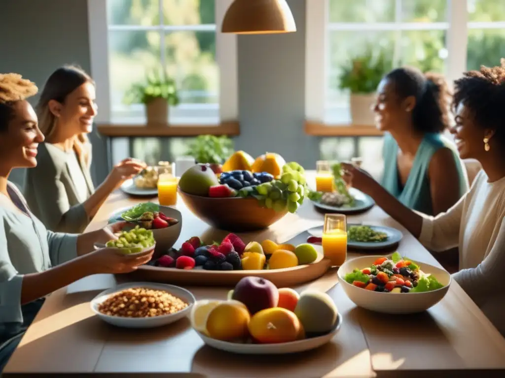 Un momento de alimentación consciente, compartiendo comida y conversación en una cocina moderna y serena.