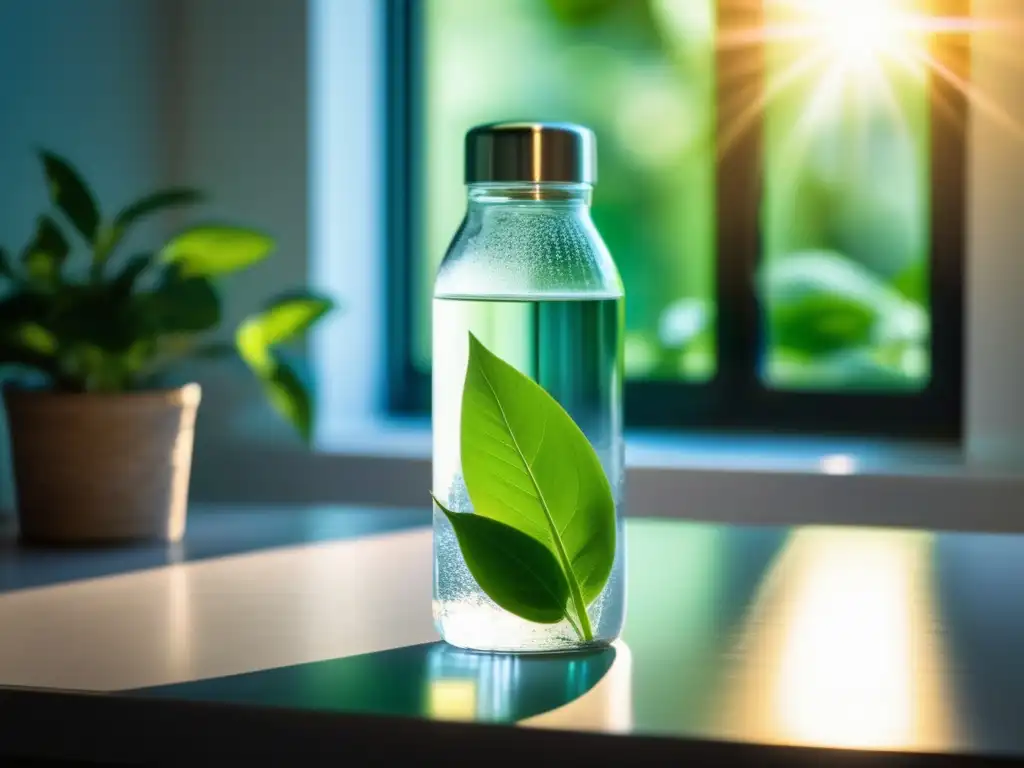 Un momento de serenidad y frescura con una botella de agua en un entorno minimalista. <b>Importancia del agua en salud mental.