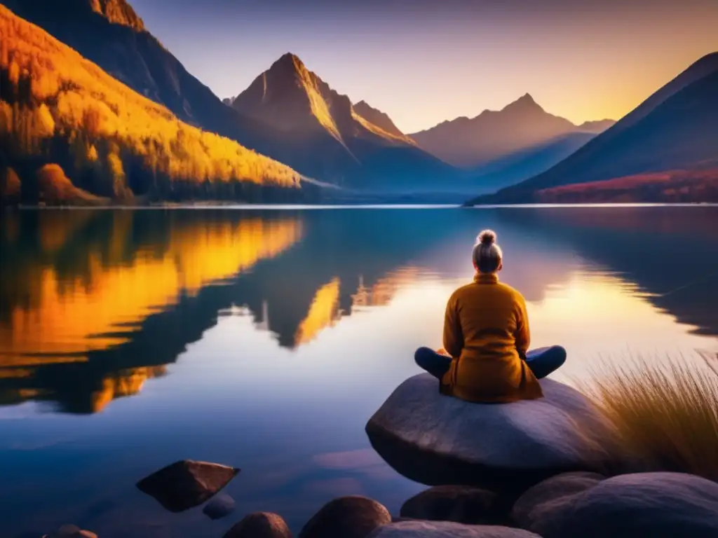 Meditación en la montaña: una persona en paz frente al lago. <b>Nutrición para balance emocional.