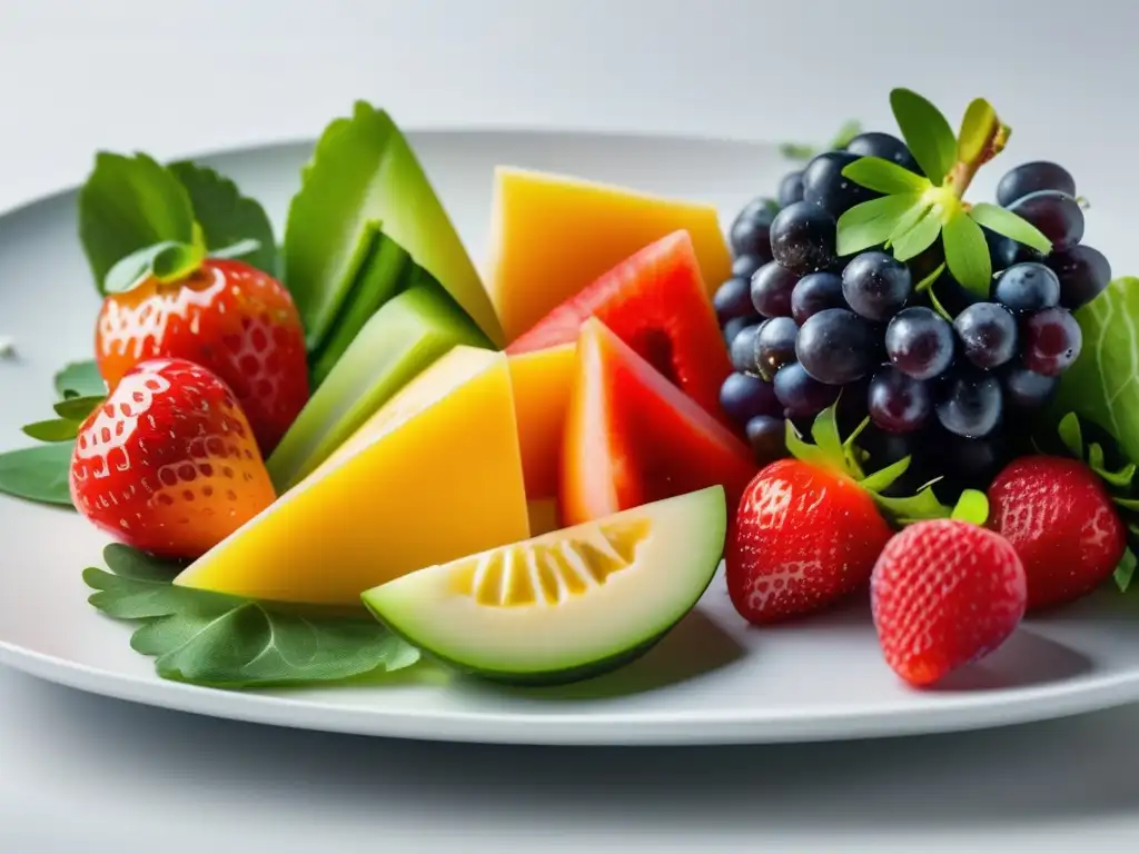 Un mosaico de frutas y verduras frescas en un plato blanco, perfectamente dispuestas. <b>Alimentos para mejorar concentración niños.