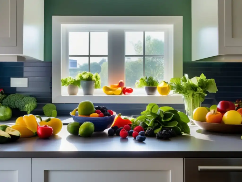 Un mostrador de cocina moderno y sereno con una variedad de frutas y verduras coloridas dispuestas en un patrón circular. La luz natural resalta los vibrantes colores de los productos, creando una escena visualmente atractiva y acogedora. Un tazón de bayas mixtas, un manojo de