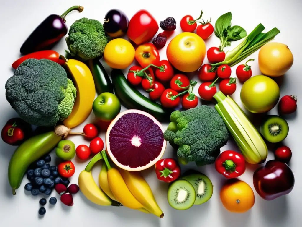 Exuberante diversidad de alimentos: una explosión de color y vitalidad Una muestra colorida de frutas y verduras se exhiben de forma artística, promoviendo la biodiversidad alimentaria para mejorar la dieta y el planeta.
