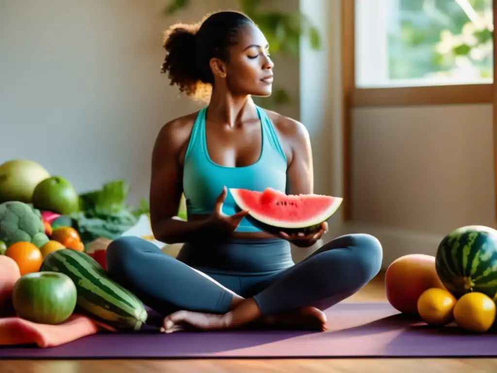 Una mujer practica mindfulness para una alimentación consciente, disfrutando de frutas frescas y vegetales coloridos.