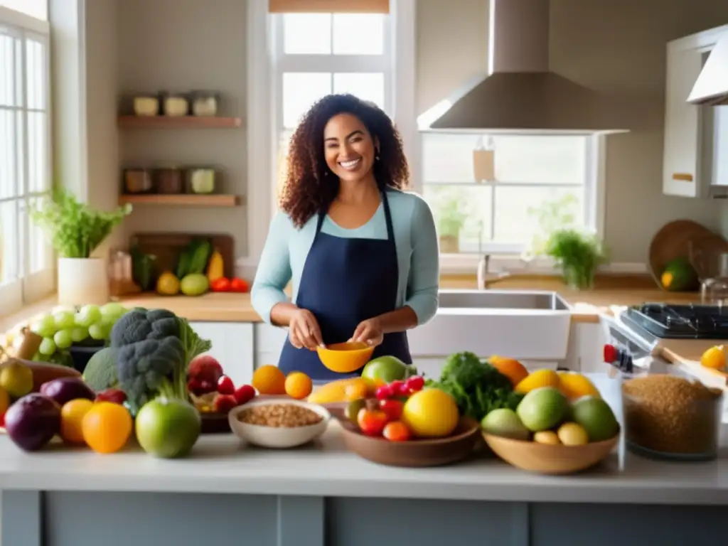 Una mujer prepara alimentos frescos y coloridos en una cocina luminosa. <b>La luz del sol ilumina la escena.</b> <b>Alimentación intuitiva para control peso.