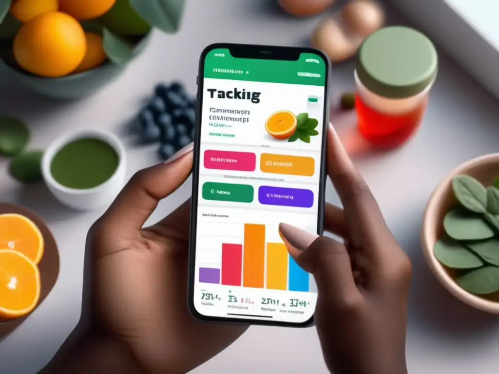 Una mujer usa una app moderna para gestionar suplementos nutricionales en un ambiente organizado y minimalista.