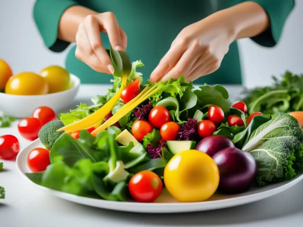 Una mujer prepara una colorida y nutritiva ensalada, cuidadosamente colocando verduras frescas y hojas verdes en un plato blanco. La composición refleja el enfoque cuidadoso hacia una dieta equilibrada para tiroiditis de Hashimoto, exudando salud y bienestar.