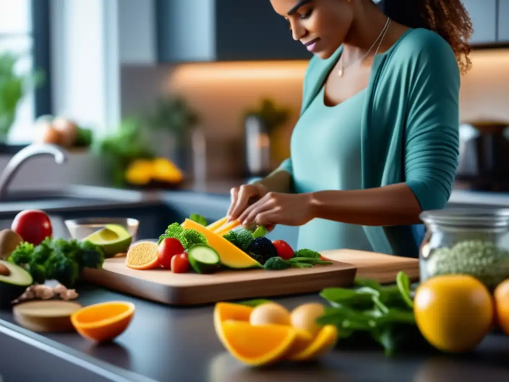 Una mujer prepara una comida balanceada con ingredientes frescos en una cocina moderna. <b>La escena transmite un estilo de vida positivo asociado al ayuno intermitente.</b> <b>Errores comunes ayuno intermitente.