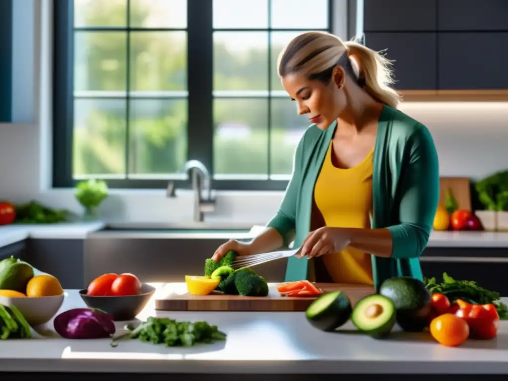 Una mujer preparando una comida keto colorida y nutritiva en una cocina moderna. <b>Ingredientes frescos y ordenados, expresión determinada.</b> <b>Suplementos para facilitar la dieta keto.