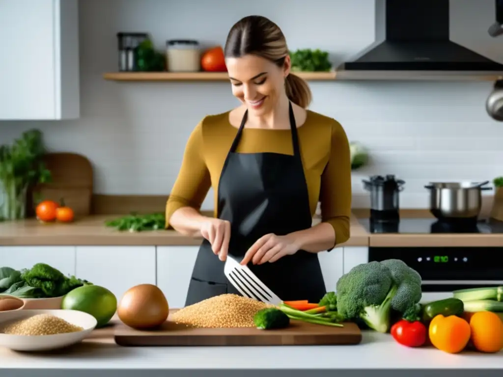 Una mujer prepara una comida saludable y baja en carbohidratos en una cocina moderna y bien iluminada. <b>Muestra estrategias pérdida peso efectiva mediante la preparación de comidas consciente.