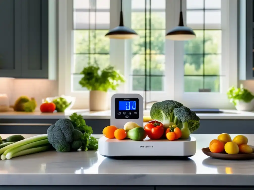 Una mujer preparando una comida saludable en una cocina moderna con alimentos frescos y libros de recetas. <b>Dieta baja en carbohidratos efectiva.