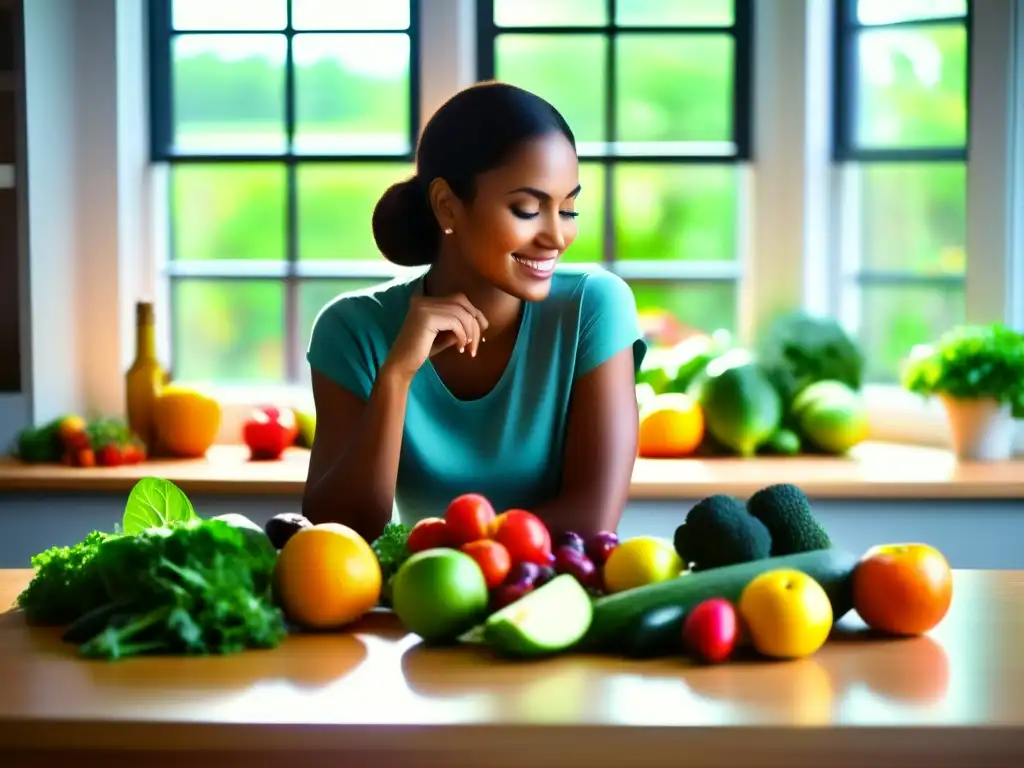 Una mujer prepara una comida saludable con frutas y verduras coloridas, irradiando serenidad y enfoque. <b>Dietas restrictivas impacto salud emocional.
