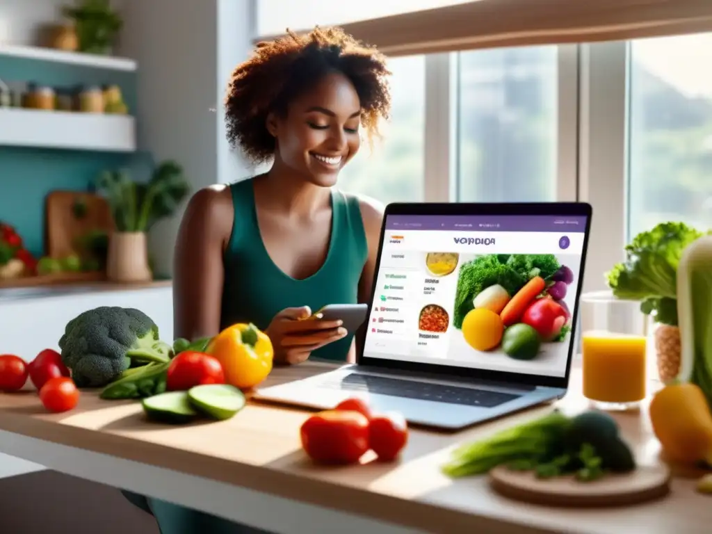 Una mujer planificando comidas con una app de monitoreo de macros, rodeada de ingredientes frescos. <b>La luz solar realza los colores.</b> <b>Apps para monitoreo de macros.