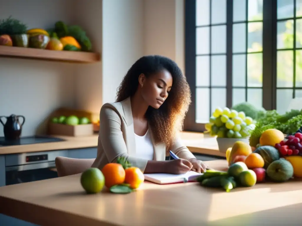 Una mujer concentrada escribe en un cuaderno rodeada de frutas y verduras frescas. <b>La luz natural crea un ambiente sereno.</b> <b>Registro de alimentación para hábitos saludables.