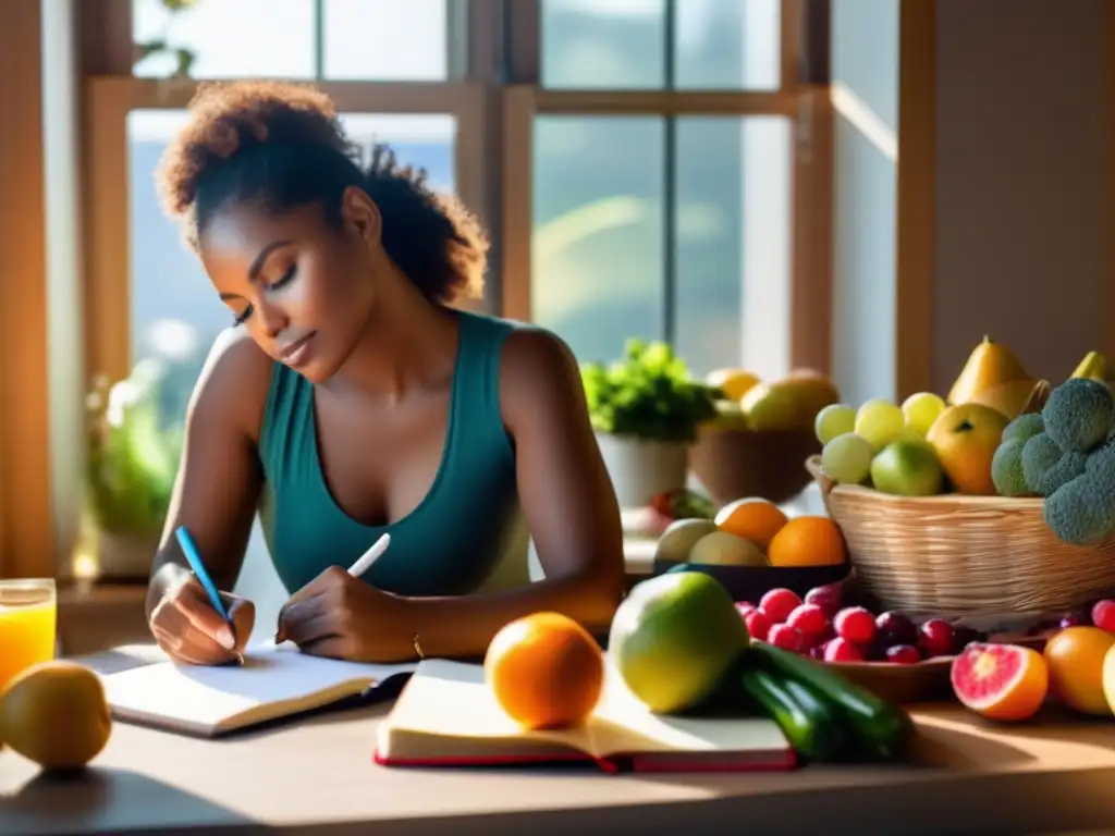 Una mujer concentrada escribe en su diario, rodeada de alimentos saludables y luz cálida. <b>Transmite determinación y hábitos saludables.