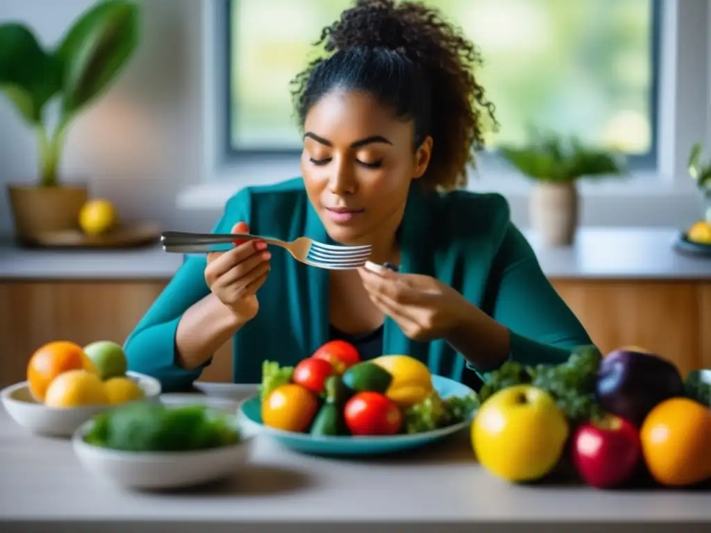 Una mujer practica la alimentación consciente con plato de frutas y verduras. <b>Respira profundamente, con expresión serena.</b> <b>Atmosfera calmada y pacífica.</b> <b>Gestión del comer emocional y metabolismo.